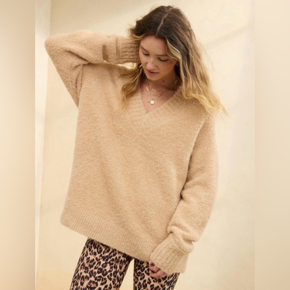 Aerie Soft Fuzzy Teddy Beige V-Neck Sweater